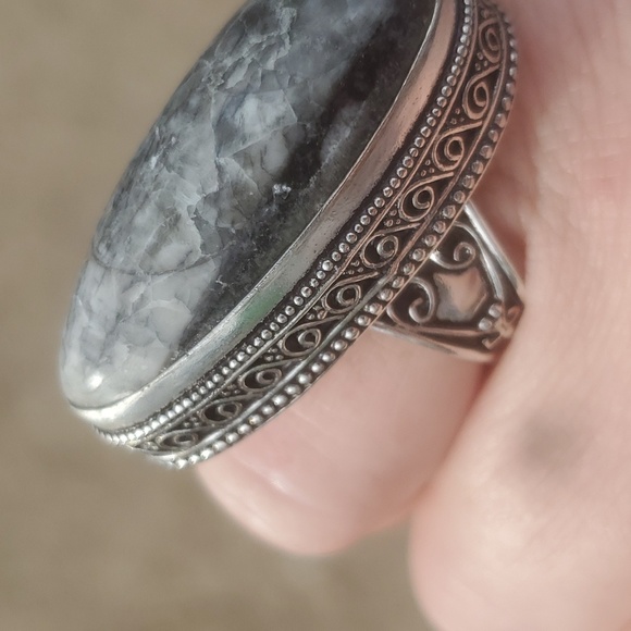 New Oversized Orthoceras Fossil Antique Design 925 Silver Statement Ring. - Picture 5 of 14